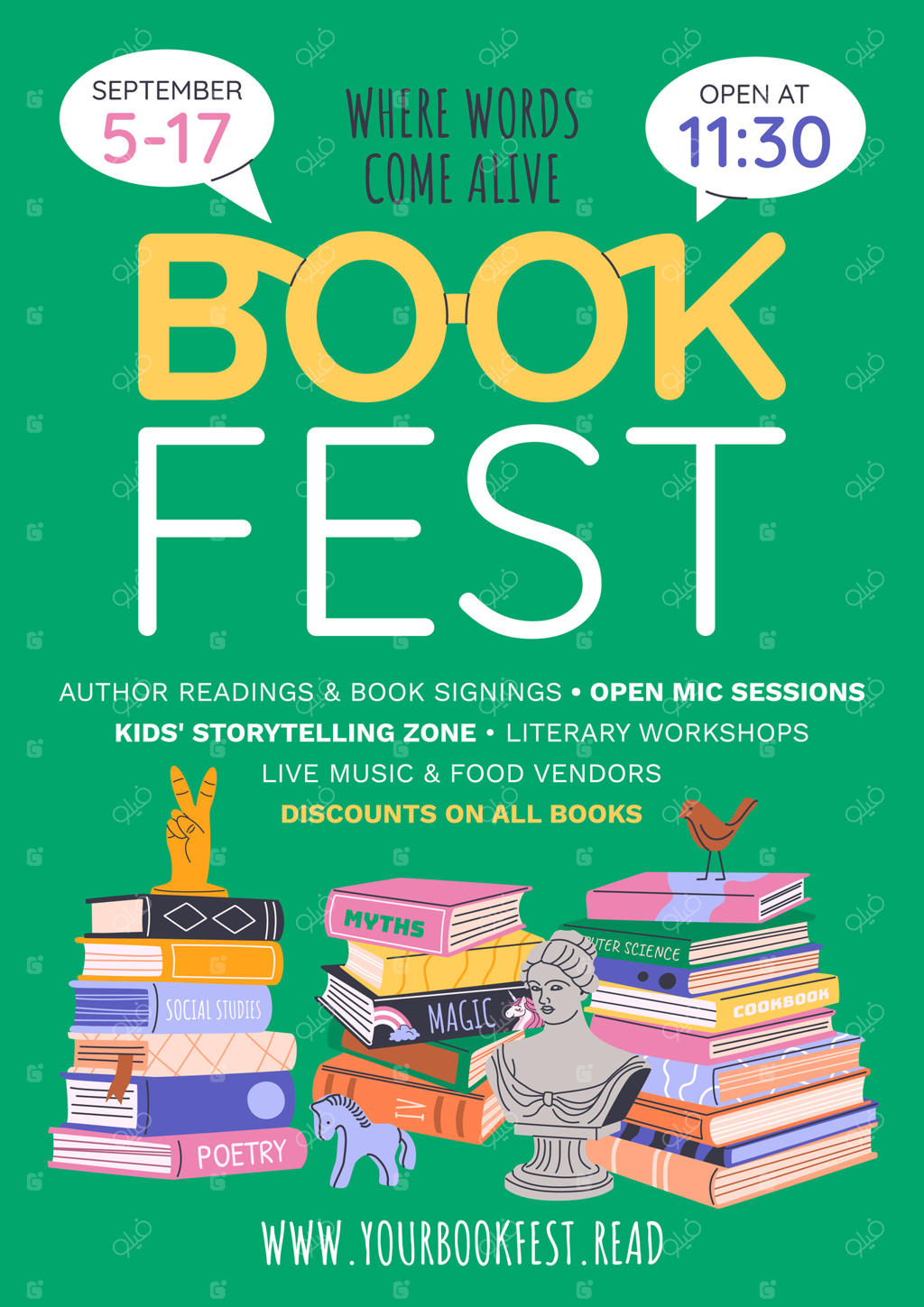 پوستر عمودی جشنواره یا نمایشگاه کتاب برای تبلیغات و ترویج. دسته‌های مختلفی از کتاب‌ها. طراحی بنر و تراکت برای پست‌های شبکه‌های اجتماعی، رویدادهای آموزشی، روز جهانی کتاب یا بازگشت به مدرسه.