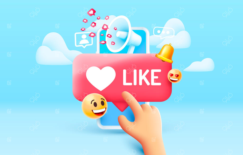 بلندگوهایی که مانند آیکون‌ها پرواز می‌کنند، شبکه‌های اجتماعی برای ارتباط میان افراد. تصویر وکتور