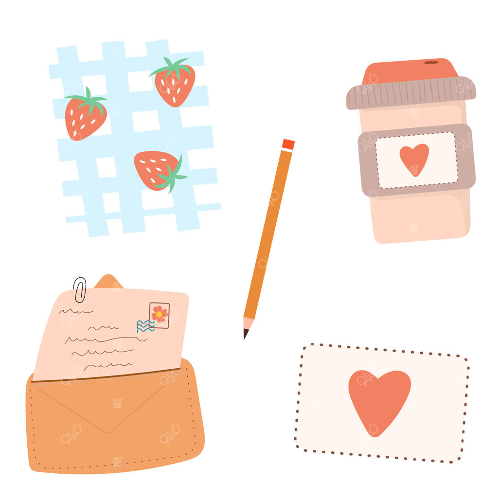 مجموعه عناصر استیکرهای دفتر خاطرات: قهوه، مداد و نامه عاشقانه.