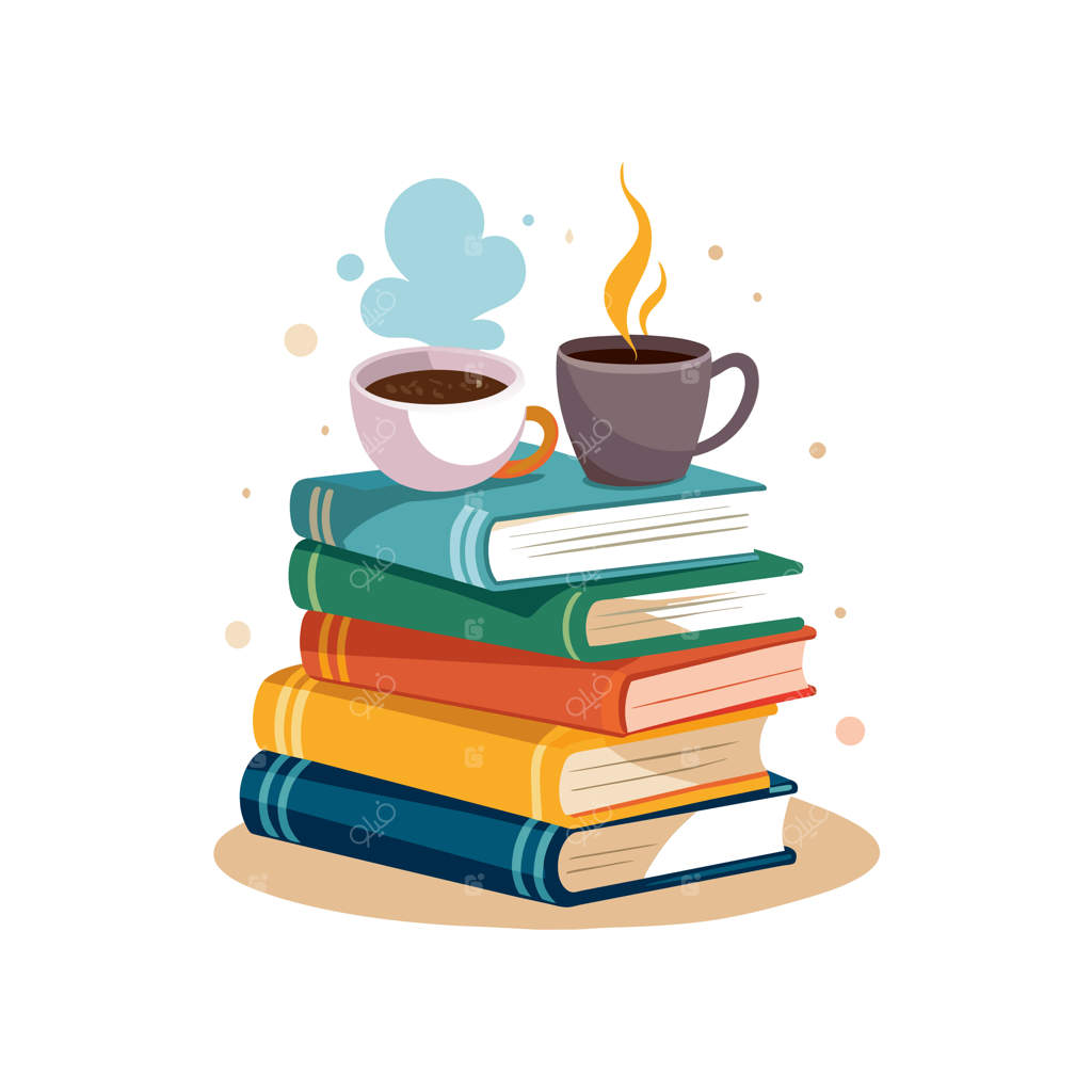 یک فنجان قهوه و توده‌ای از کتاب‌ها در کنار هم