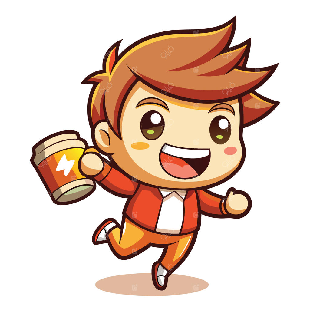 پسر کارتونی در حال دویدن با فنجان قهوه