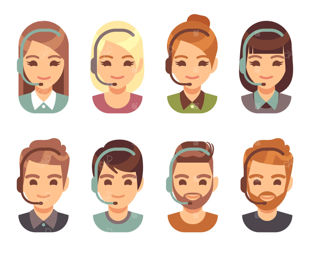 آواتارهای کسب و کار اپراتور زن و مرد در مرکز تماس: چهره‌های کارتونی نمایندگان با هدست