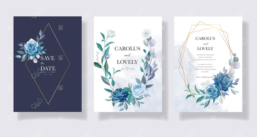 ست قالب دعوتنامه عروسی با تزیینات زیبا و گل‌های آبی