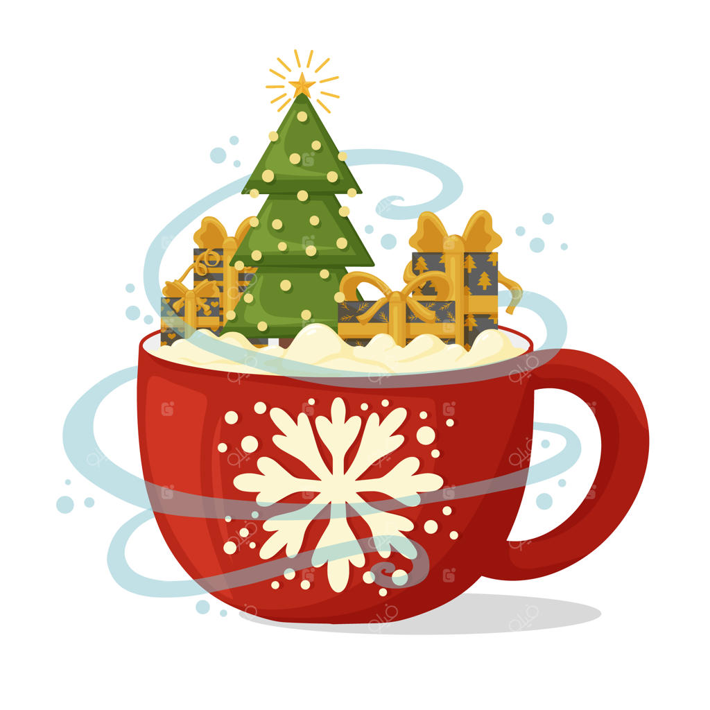 ترکیب کریسمسی با فنجان قهوه، درخت کریسمس و هدایا.