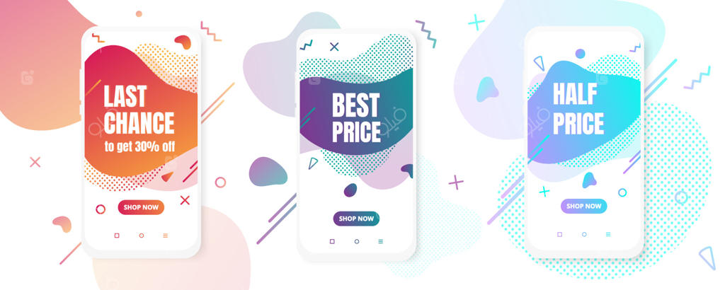 سه طرح مدرن وکتور شامل اشکال مایع و تجریدی همراه با گرادیان رنگی برای بنرهای اپلیکیشن، ارائه، فروش و بروشور، بر روی زمینه سفید.