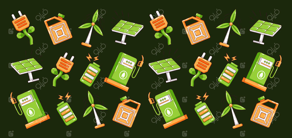 انرژی سبز: الگوی آیکون پنل خورشیدی، توربین بادی، باتری و بنزین