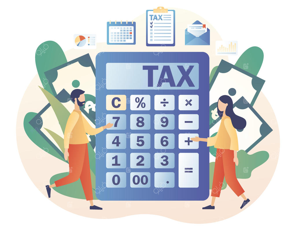 ماشین‌حساب با پرداخت مالیات: افراد کوچک در حال پر کردن فرم مالیاتی و پرداخت قبوض. مفهوم تجاری و مالیاتی.