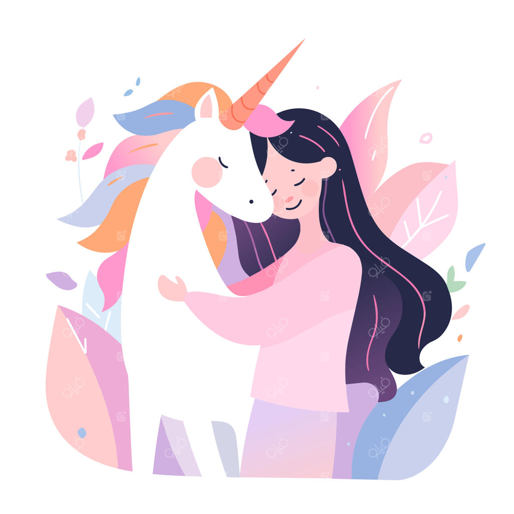تصویر وکتور دختر بامزه با یونیکورن