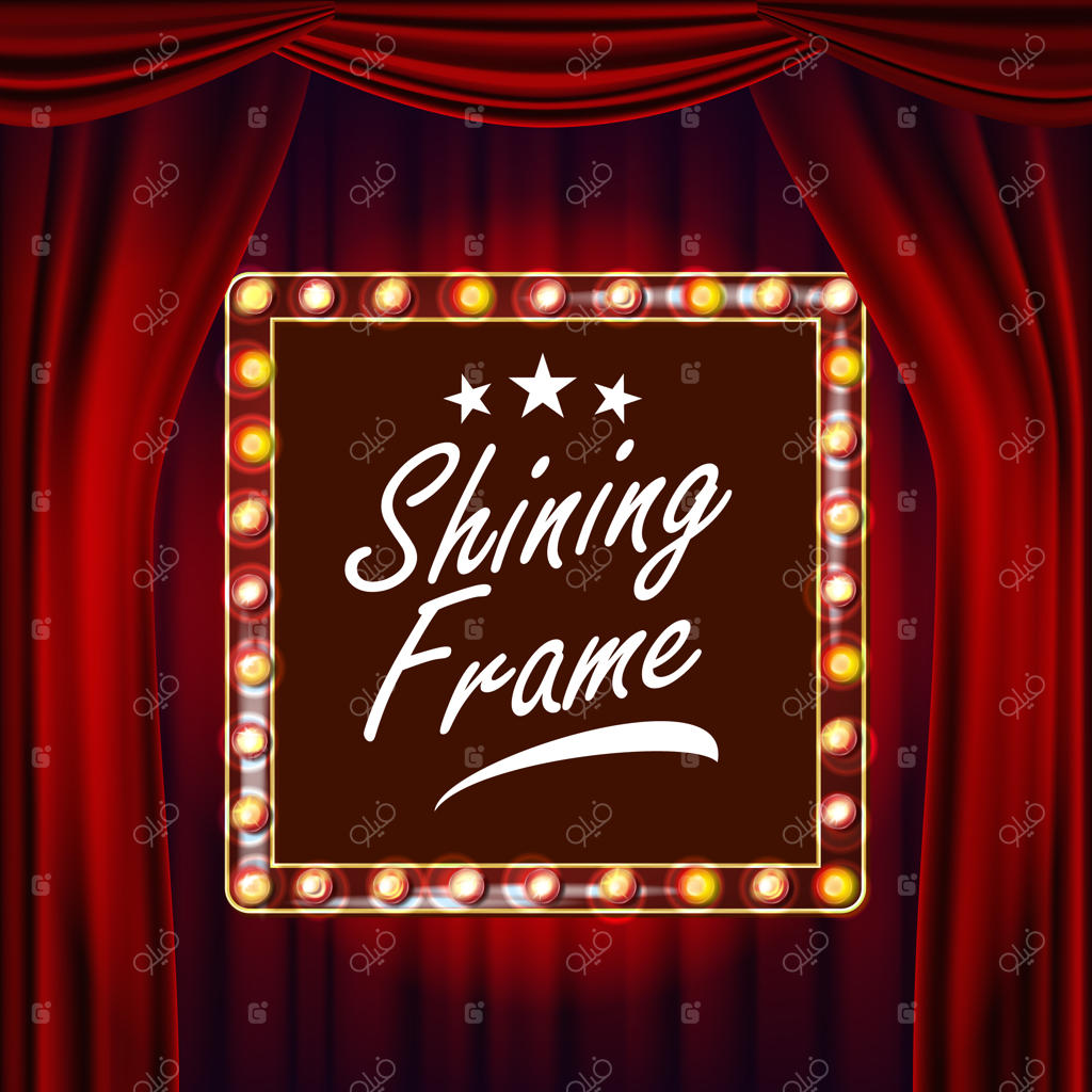 بردار لامپ‌های نورانی با قاب طلایی. پس‌زمینه قرمز. عنصر طراحی قاب کلاسیک و واقعی.