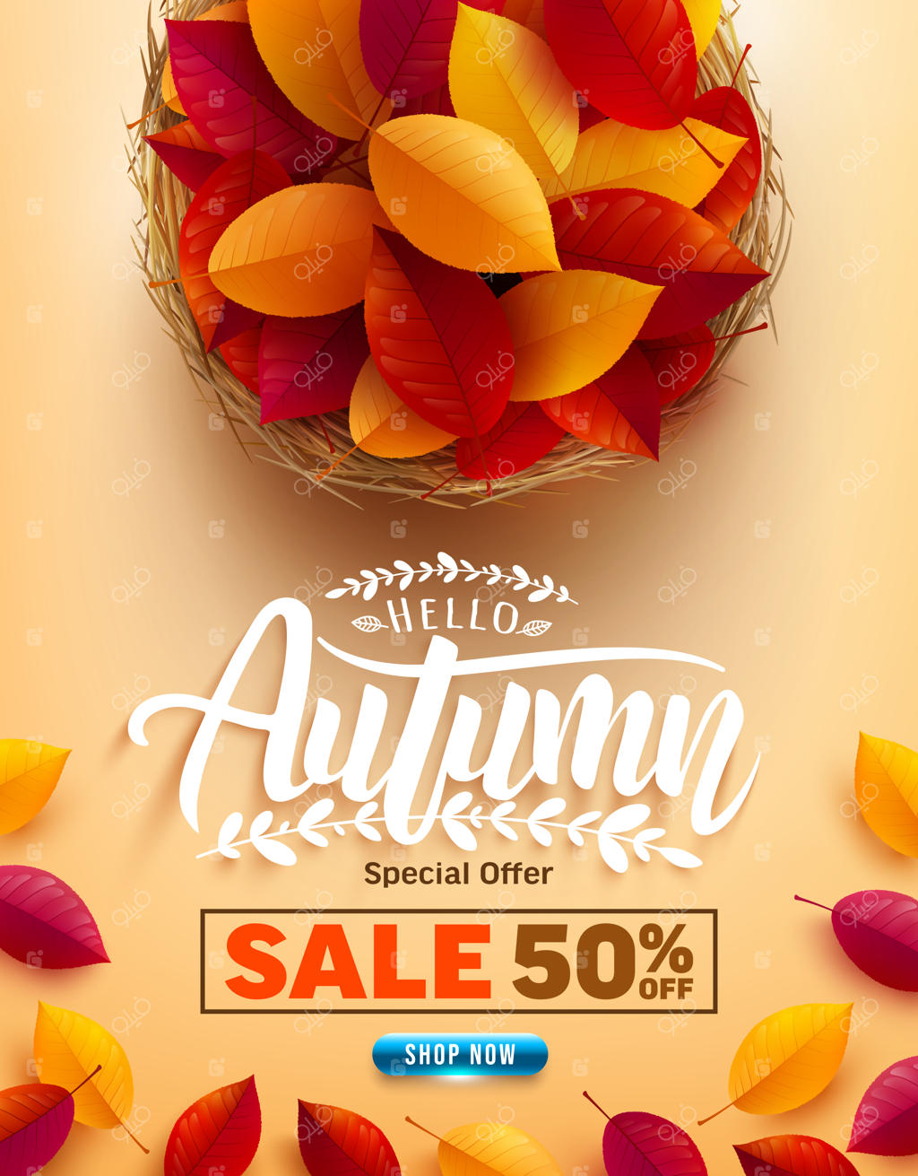 پوستر یا بنر فروش پاییزی با برگ‌های رنگارنگ بر زمینه زرد؛ تبریک‌ها و هدایا برای فصل پاییز