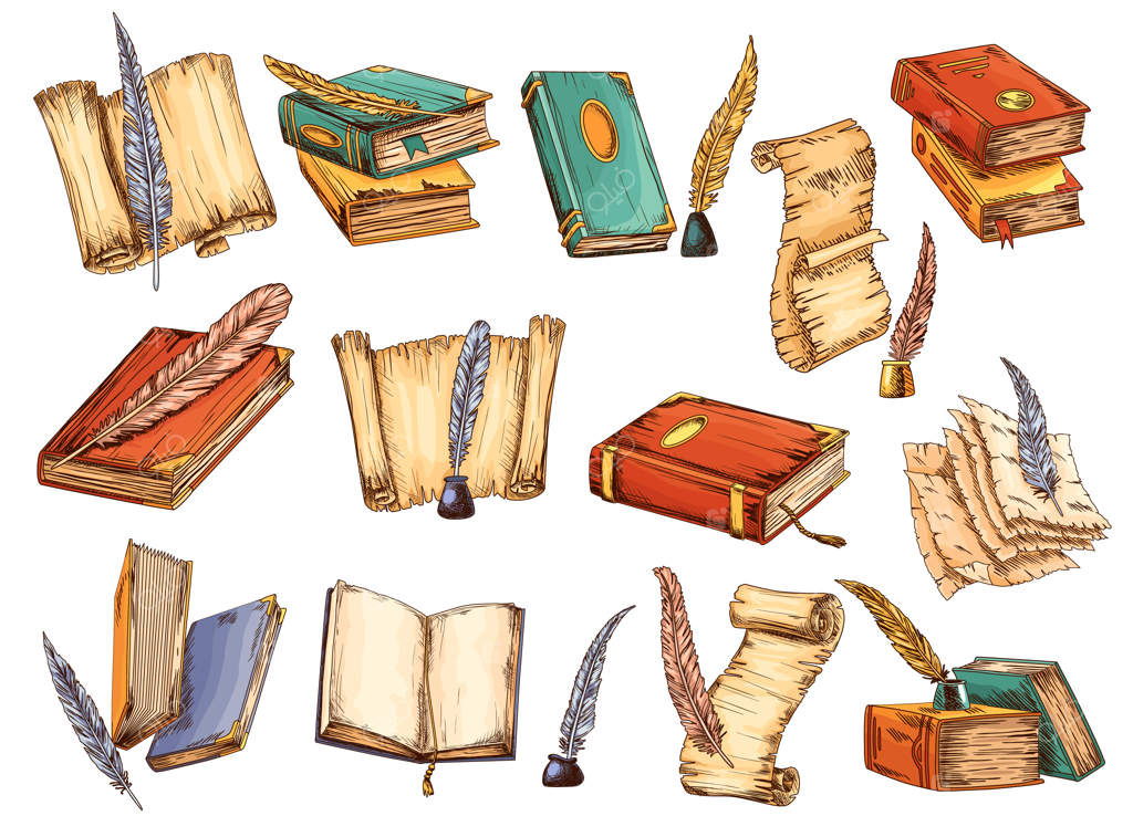کتاب‌ قدیمی ‌مجموعه‌ای از کتاب‌های قدیمی باز با صفحات خالی، طومار کاغذ پوستی، قلم پر و دوات قدیمی، لوازم ‌التحریر کلاسیک و نسخه خطی بدون متن