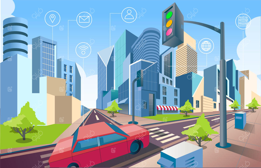 نمای خیابان و ساختمان در تصویرسازی مسطح