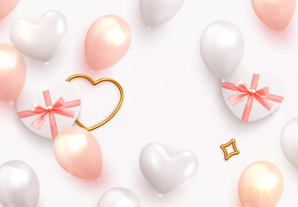 پس‌زمینه رمانتیک تعطیلات، عروسی و روز ولنتاین؛ طراحی جعبه هدیه واقع‌گرایانه با شکل قلب، بادکنک‌های صورتی و سفید؛ پوستر افقی، کارت تبریک و بنر. نمای بالا.