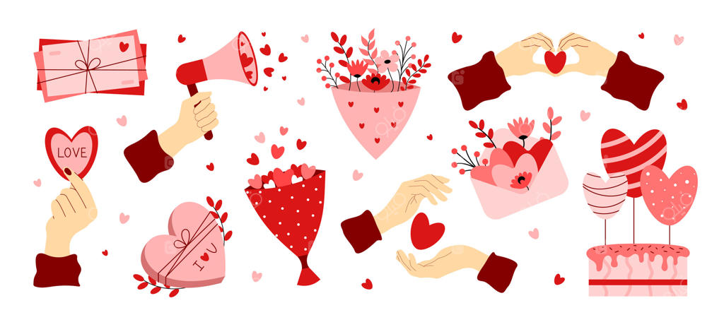 مجموعه عناصری برای روز ولنتاین: مفهوم عشق و رمانتیک. پاکت نامه، دسته گل، دست‌ها با قلب، جعبه شیرینی، کیک، و بلندگو. مناسب برای کارت‌های تبریک، دعوت‌نامه‌ها، طراحی و پوستر. تصویرسازی