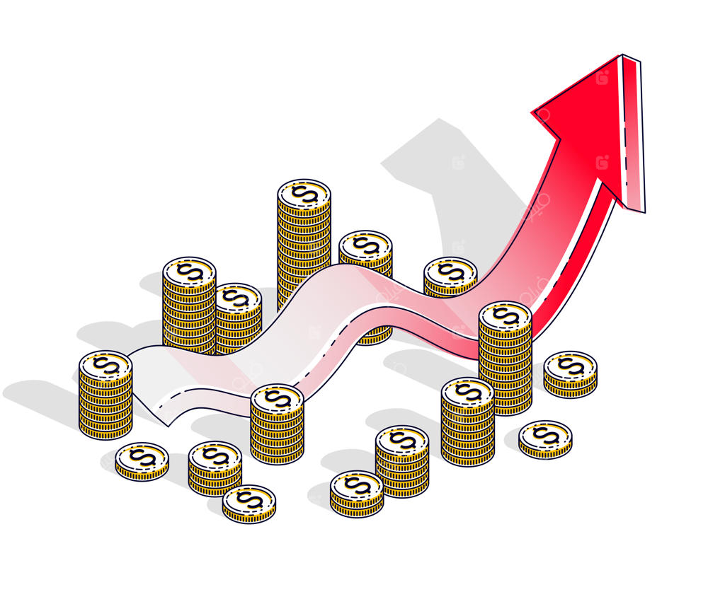 مفهوم موفقیت و افزایش درآمد، نمودار رشد با انباشت پول نقد روی پس‌زمینه سفید. تصویرسازی ایزومتریک سه‌بعدی از تجارت و امور مالی، طراحی خط نازک.