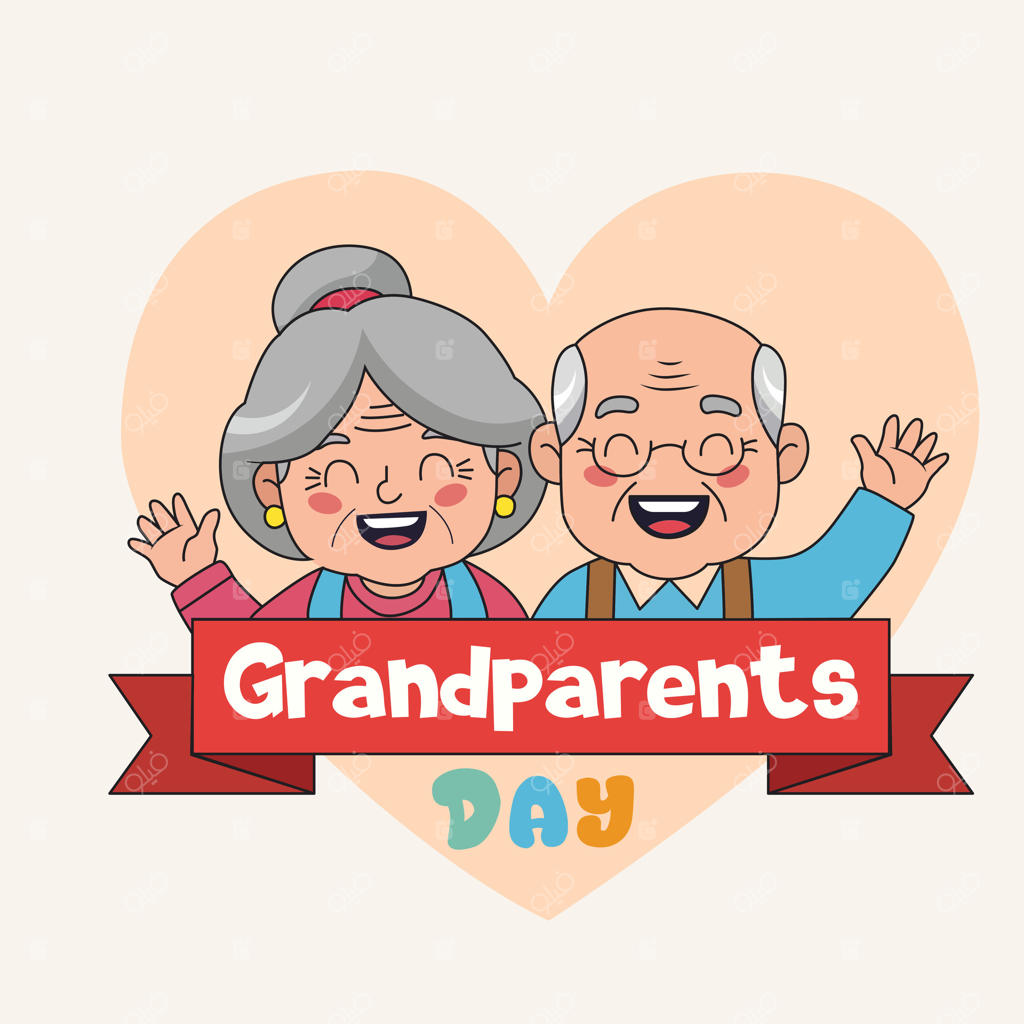 تصویرسازی پدربزرگ و مادربزرگ کارتونی در روز بزرگداشت با روبان و پس‌زمینه قلبی