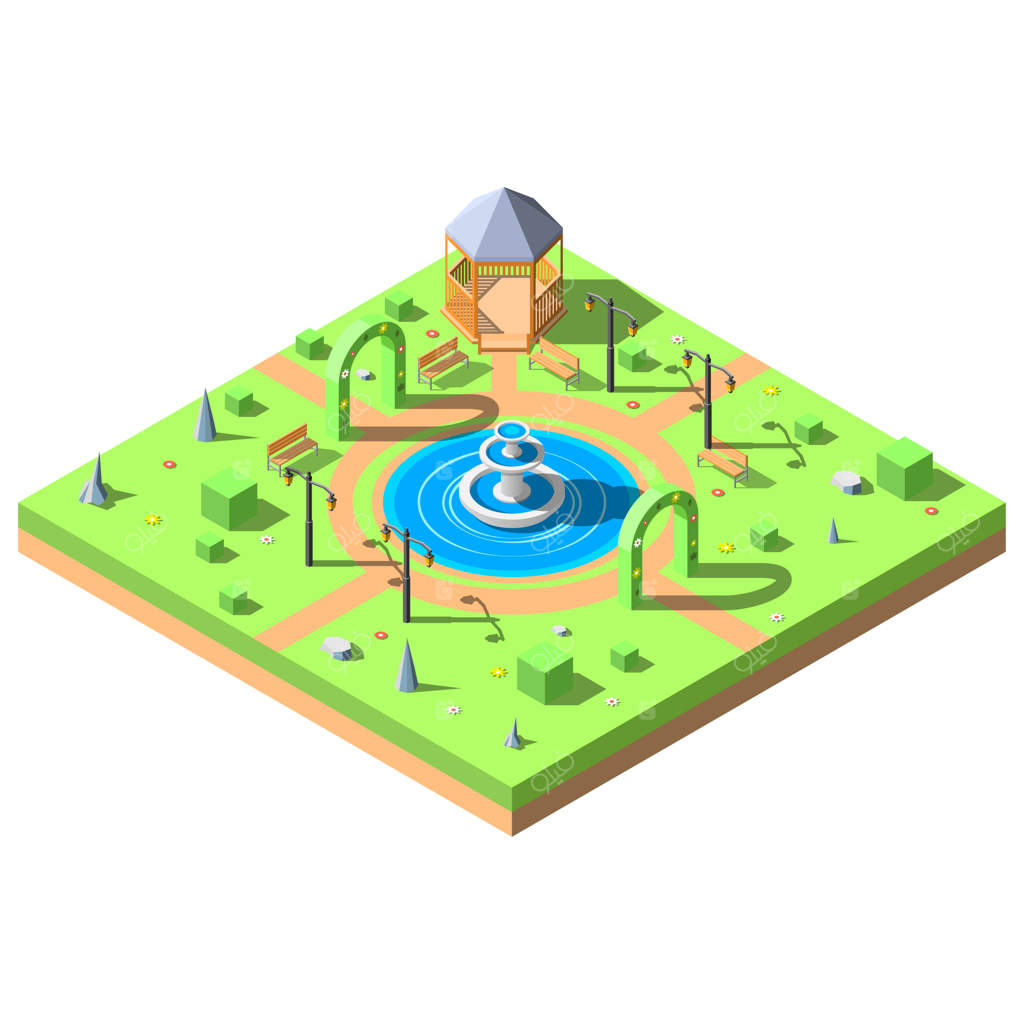 طراحی انتزاعی ایزومتریک سه‌بعدی پارک سبز با حوضچه، فواره، نیمکت‌ها، درختان و گل‌ها به سبک وکتور برای آرامش