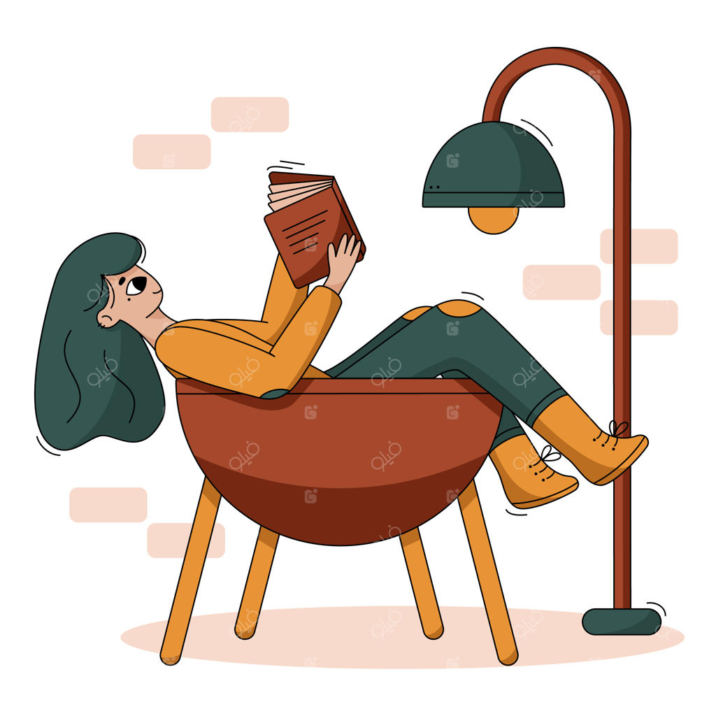 تصویر کارتونی وکتور: دختری بامزه روی مبل در حال خواندن کتاب در کنار چراغ مطالعه