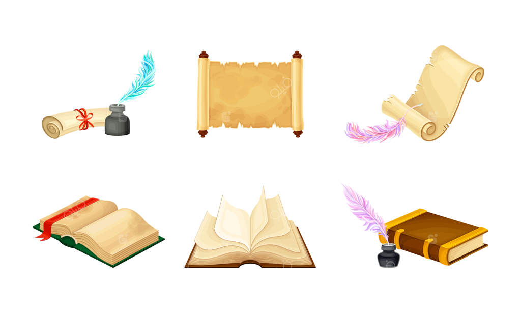 مجموعه وکتور کتاب‌های قدیمی با جلد سخت و صفحات و طومارها همراه با قلم پر