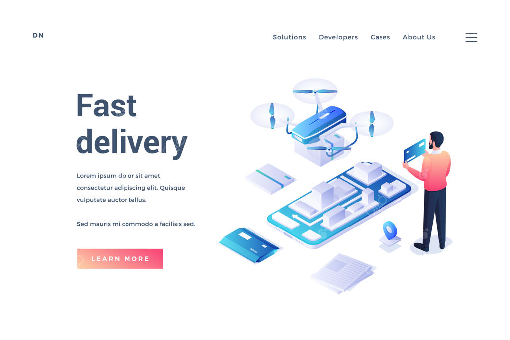 بنر ایزومتریک نرم‌افزار مدرن گوشی هوشمند با ارائه خدمات ارسال سریع برای مشتریان مرد در پس‌زمینه سفید