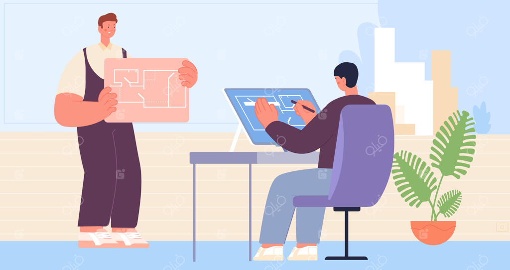 معمار، طراح و سازنده در حال طراحی آپارتمان‌ها در دفتر کار - پروژه املاک و طراحی (تصویرسازی وکتور)