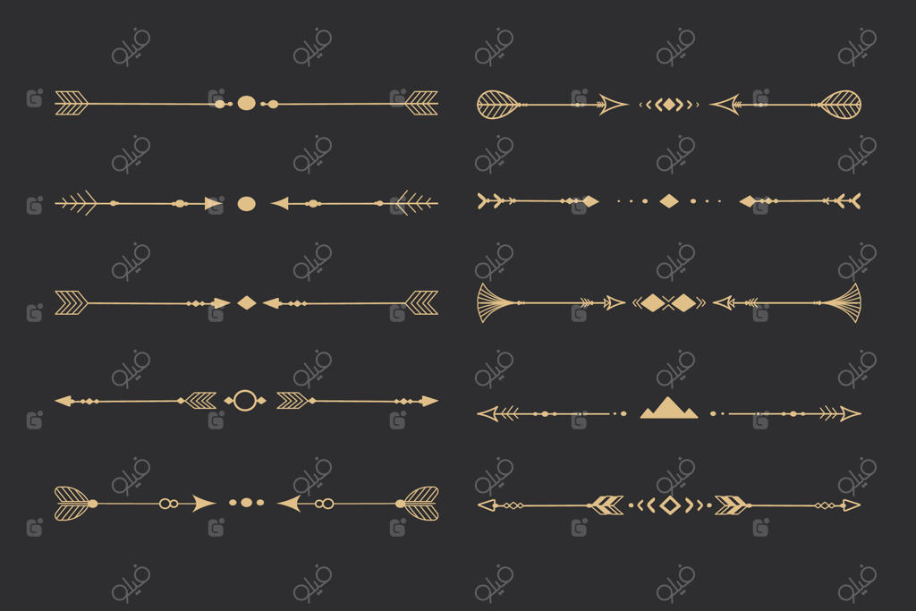 مجموعه فلش‌ها و جداکننده‌های طلایی با طرح‌های قبیله‌ای، بومیان سرخپوست و بوهوی، در سبک دودل بر روی پس‌زمینه تیره. مجموعه‌ای از حاشیه‌ها و عناصر تزئینی.
