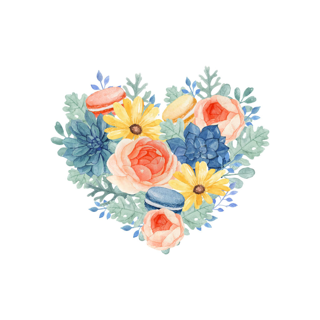دسته گل زیبای ماکارون با طرح قلب، پر از گل مینا، آلاله، ساکولنت، اکالیپتوس و برگ‌های داستی میلر. تصویرسازی آبرنگی گل‌ها