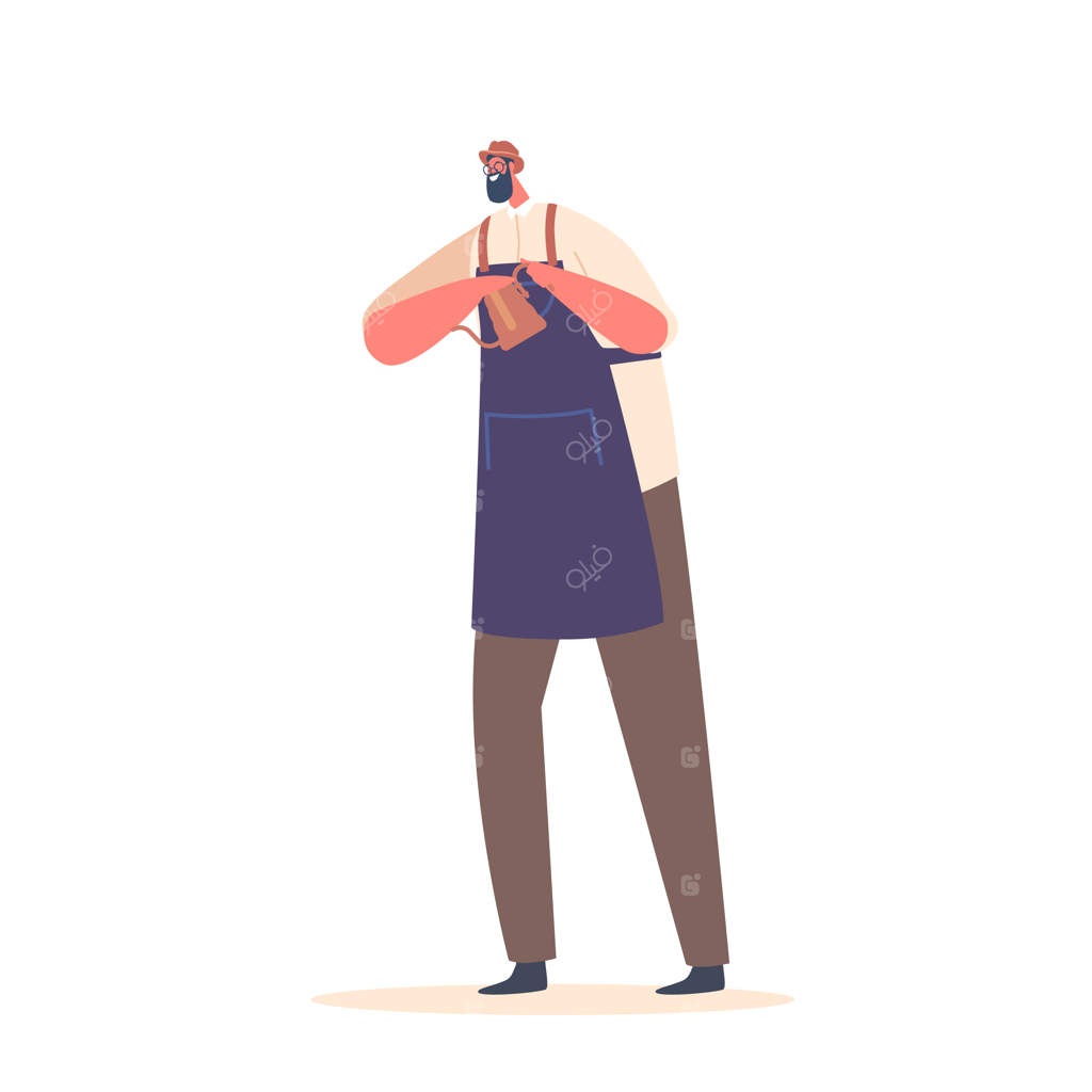 باریستای هیپستر مشغول ریختن قهوه؛ شخصیت مرد لبخند بر لب با پیش‌بند، مشغول کار در کافه