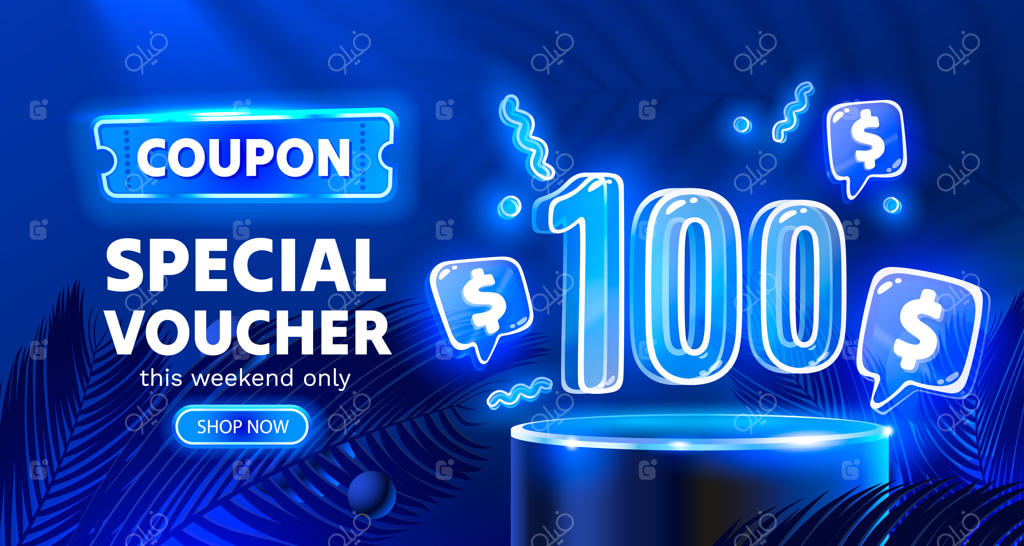 بنر نئون ویژه کوپن تخفیف ۱۰۰ دلاری - پیشنهاد خاص وکتور