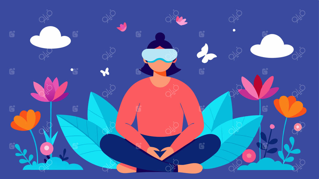 تمرکز ذهنی در طبیعت: تصویری از یک بیمار در دنیای مجازی در حال تمرین تمرکز ذهنی، با دستانی که روی زانوها قرار گرفته، به‌طور کامل در یک باغ پر از گل و گیاه غرق شده است.