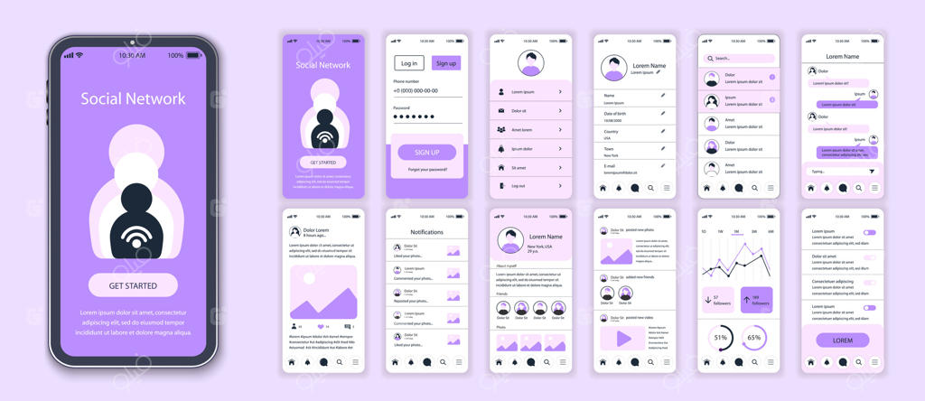 مجموعه قالب رابط کاربری اپلیکیشن شبکه اجتماعی؛ شامل صفحات ورود به حساب، لیست دوستان، چت، تنظیمات پروفایل و آمار. کیت طراحی UI و UX برای لی‌اوت اپلیکیشن و وب. طرح وکتور.