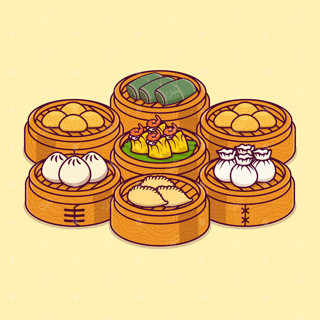 مجموعه‌ای از دیم‌سام بخارپز در سبد حصیری بامبو - طرح کارتونی وکتور