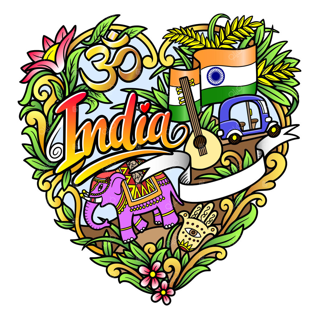 تصویرسازی دودل رنگارنگ عناصر هند با تزئینات گل‌دار