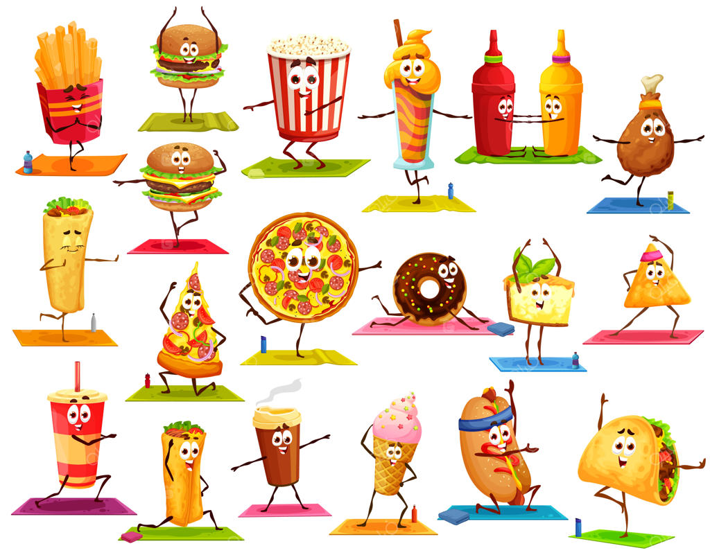 شخصیت کارتونی فست‌فود در حال یوگا و ورزش