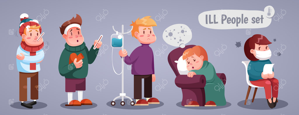 مجموعه‌ای از افراد سرماخورده، تصویرسازی به سبک کارتونی