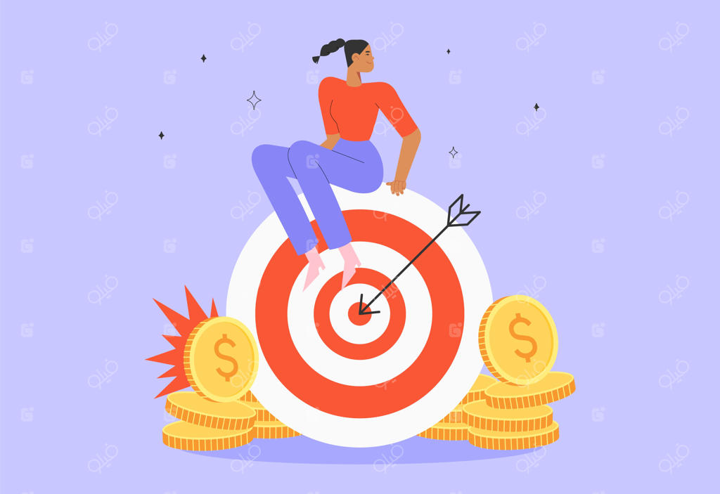 زن موفق و جوان نشسته روی یک هدف بزرگ با پیکان