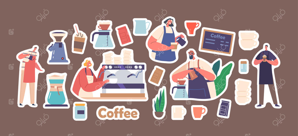 مجموعه برچسب بارستا مرد و زن در حال تهیه قهوه - شخصیت‌های دوستانه در کافه