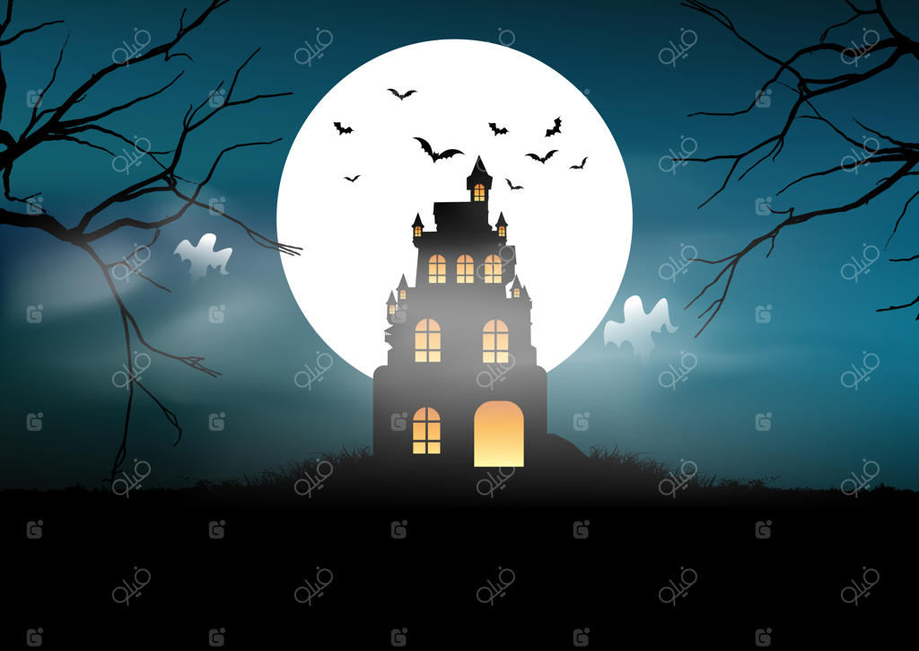 پس زمینه ترسناک هالووین با قلعه و ارواح