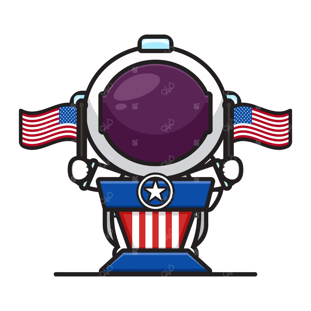 فضانورد بامزه روی سکوی خطابه با پرچم‌ها روز استقلال آمریکا را جشن می‌گیرد - تصویر کارتونی وکتور. طراحی جدا شده روی زمینه سفید. سبک کارتونی تخت.