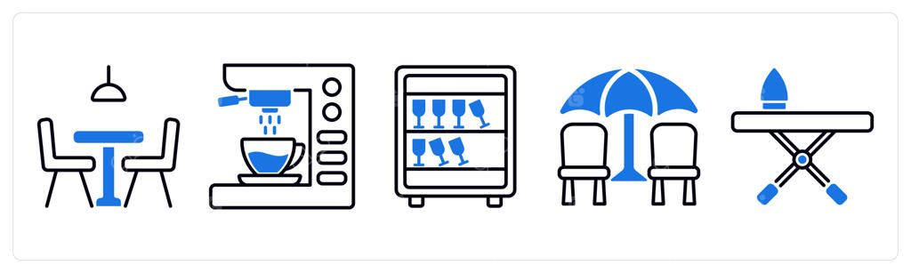 مجموعه‌ ۵ آیکون مبلمان شامل: اتاق ناهارخوری، دستگاه قهوه‌ساز، کابینت بار