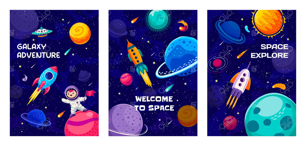 پوسترهای فضای کهکشانی با طرح کودک فضانورد و موشک