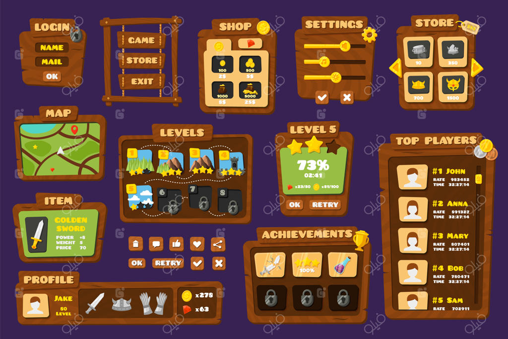 دکمه‌های رابط کاربری بازی، کیت گیمینگ، پانل ها و دکمه‌های بازی، عناصر اپلیکیشن‌های موبایل، صفحه خوش‌آمدگویی و آواتارهای کاربر، مجموعه جدید وکتور