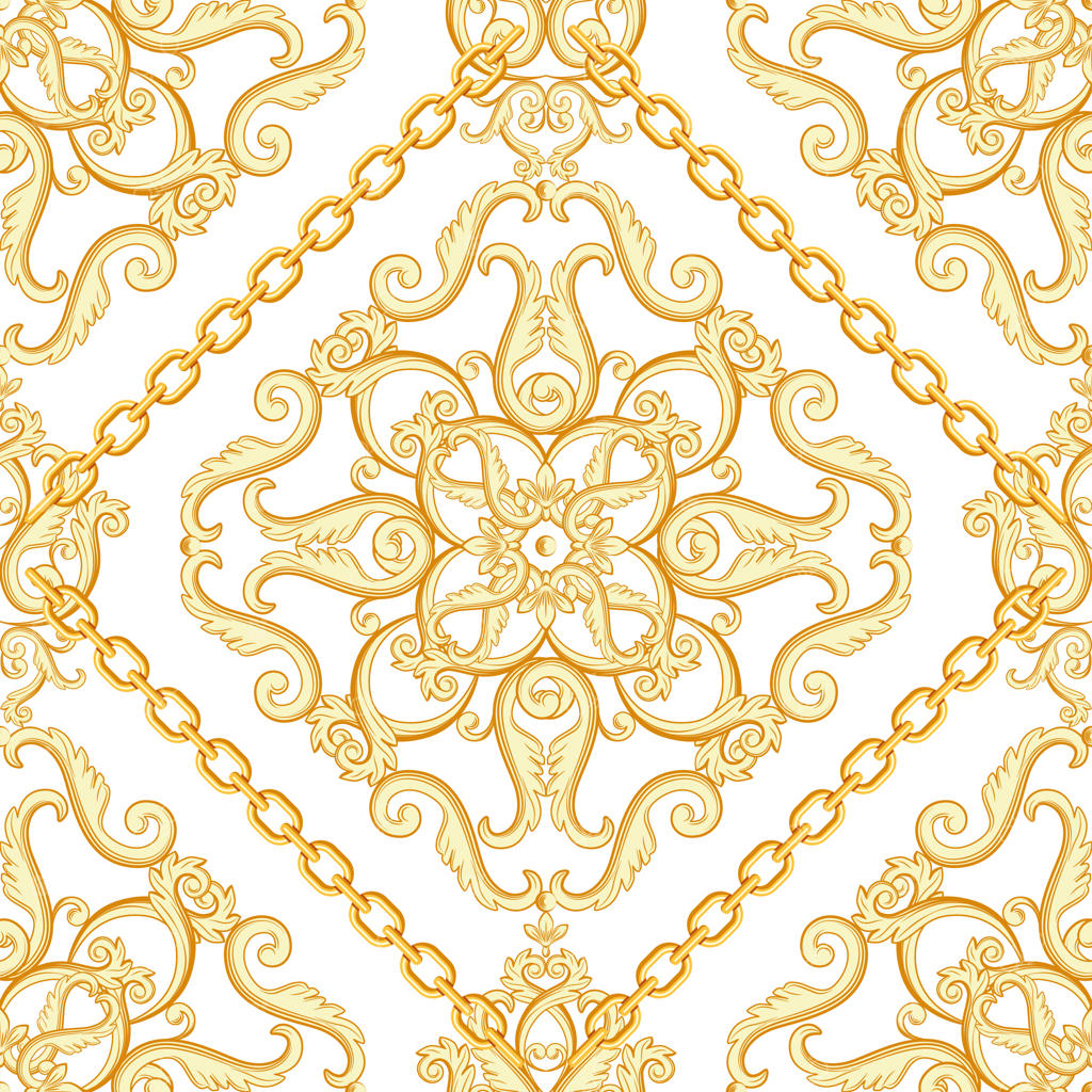طرح داماسک بی‌وقفه: رنگ بژ طلایی بر بافت سفید با زنجیرها. تصویرسازی.