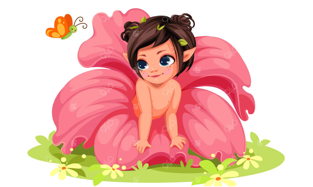 دخترک زیبای گل به دست که به پروانه نگاه می‌کند