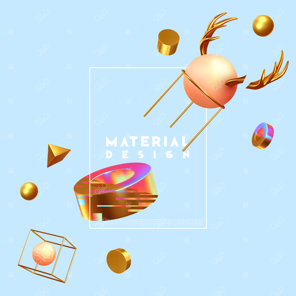 طراحی مینیمال پس‌زمینه انتزاعی با اشکال سه‌بعدی: رندر واقع‌گرایانه. پوستر خلاقانه، هنر مینیمال و تصویرسازی مدرن. اشیاء هندسی، توپ‌ها، کره‌ها، هرم، مکعب و شاخ گوزن.