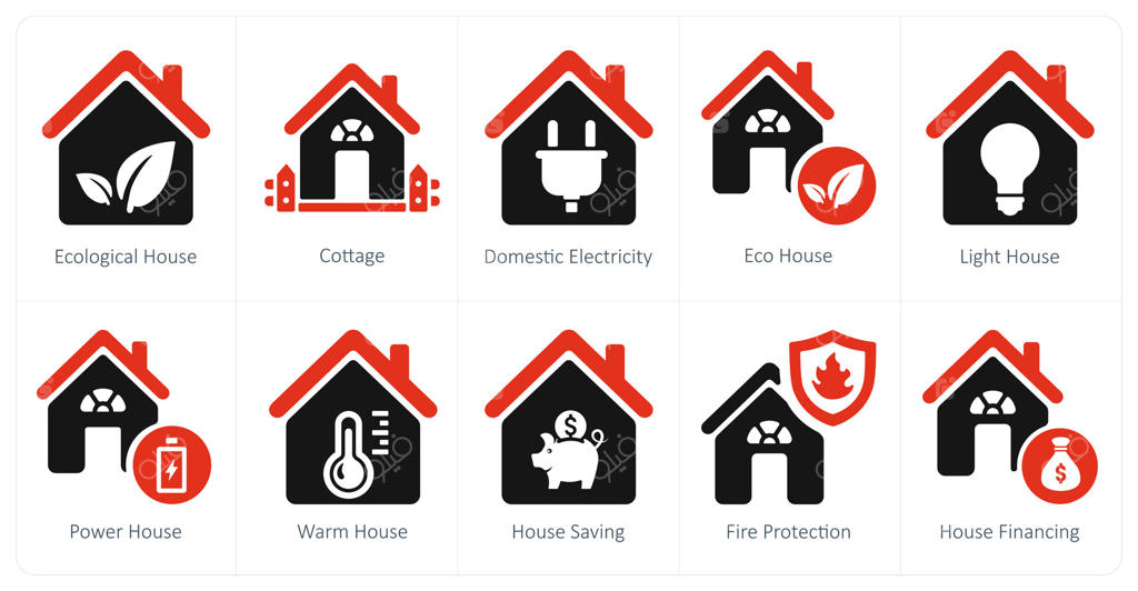 مجموعه ۱۰ آیکون املاک و مستغلات شامل خانه سبز، کلبه و برق خانگی