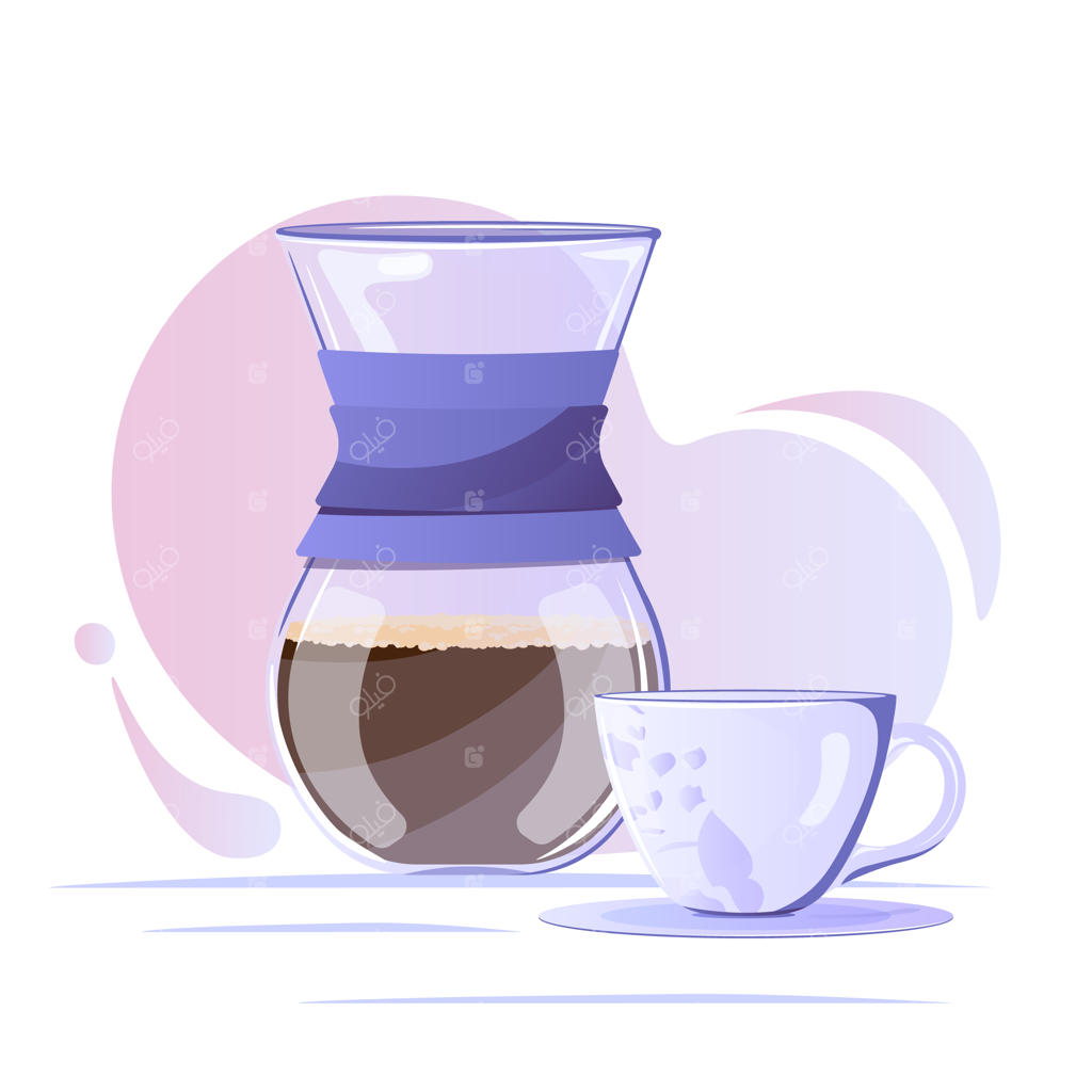 قهوه‌ساز شیشه‌ای کمکس با فنجان و نعلبکی چینی و قهوه سیاه. زمان استراحت یا کافی‌شاپ؟