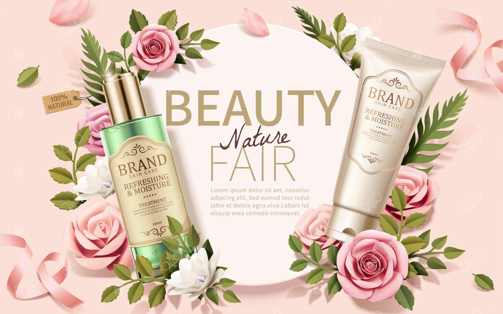 تبلیغات رومانتیک مراقبت از پوست با تزیینات گل‌های کاغذی ظریف بر روی زمینه صورتی روشن، تصویرسازی سه‌بعدی