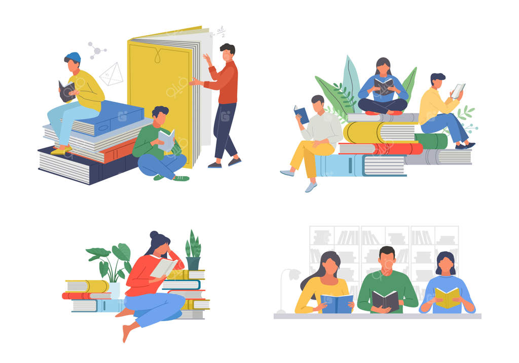 علاقه‌مندان به ادبیات و کتاب‌خوان‌های نوجوان: شخصیت‌های کارتونی وکتور در حال مطالعه فرآیندهای آموزشی