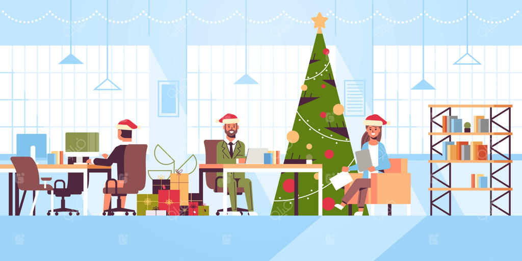 تاجران در سانتا نشسته در محل کار - جشن کریسمس و سال نو مبارک - دفتر مدرن با فضای باز - تصویر تخت